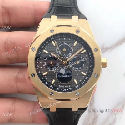 Audemars Piguet Royal Oak Perpetual Calendar Replica Moon Watch - Black Leather Strap